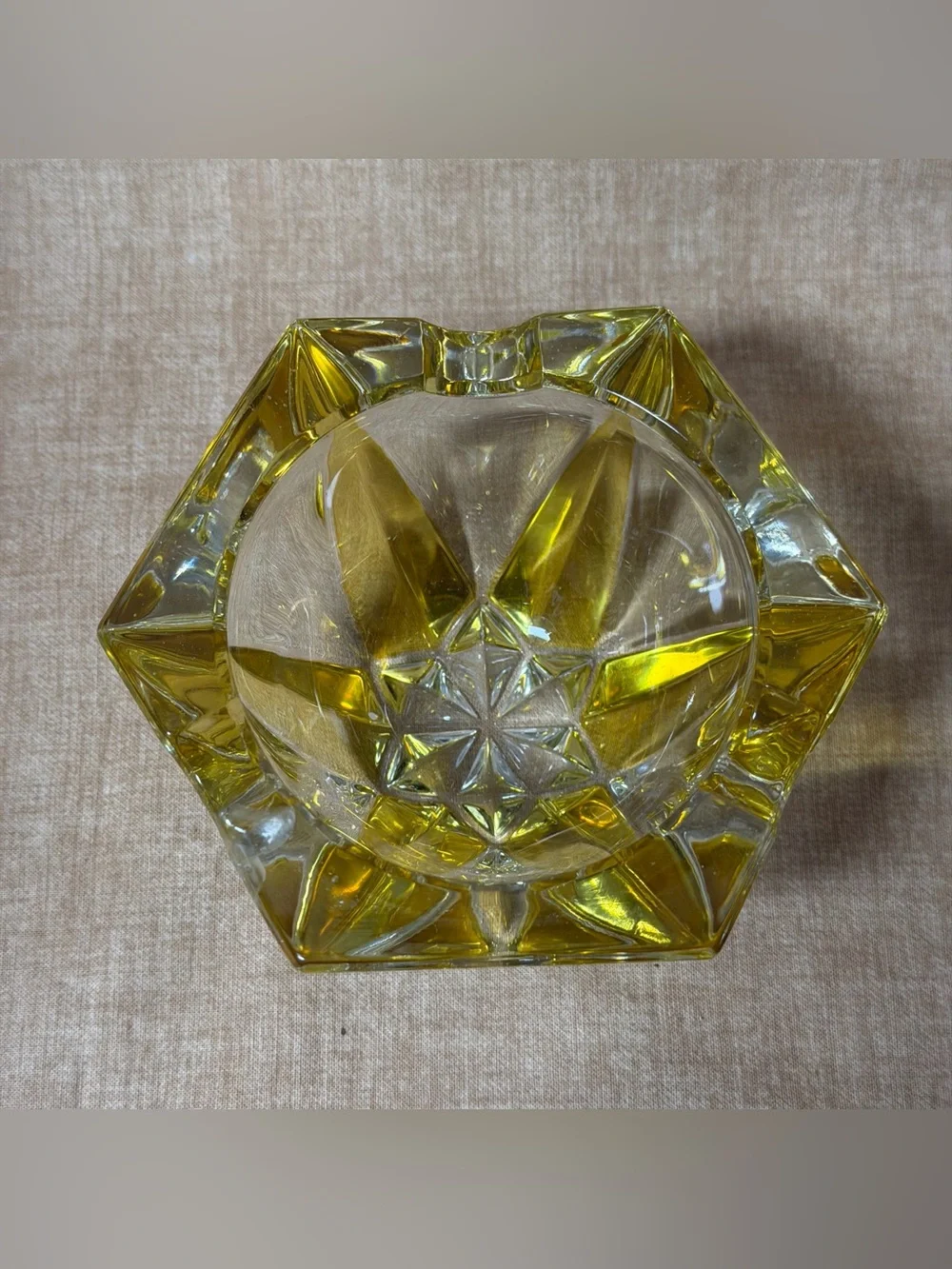 Heavy Cut Crystal Glass Ashtray Yellow Star Shape MCM Retro Vtg 60s Home Decor